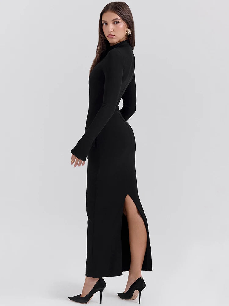 Vestido Lumara Classic – Manga Longa com Fenda e Bolsos