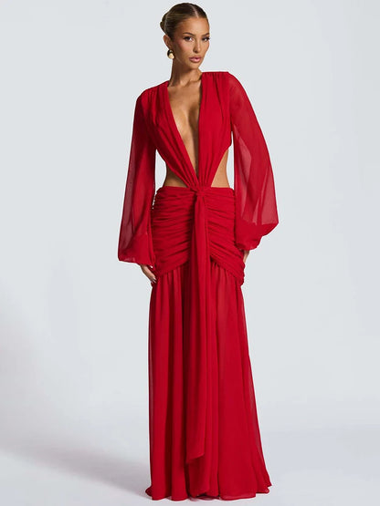 Vestido Longo Monjou – Manga Longa, Fenda Elegante e Recorte Costas