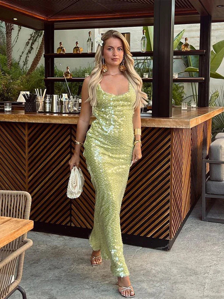 Vestido Longo Paetê Green Maxiane