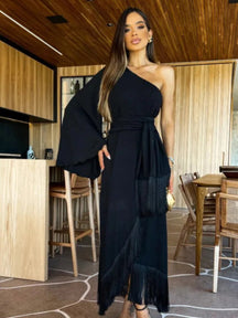 Vestido Elegante Ombro Único Franjas - Renata