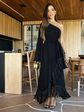 Vestido Elegante Ombro Único Franjas - Renata