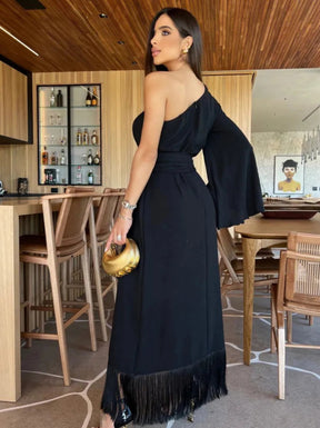 Vestido Elegante Ombro Único Franjas - Renata