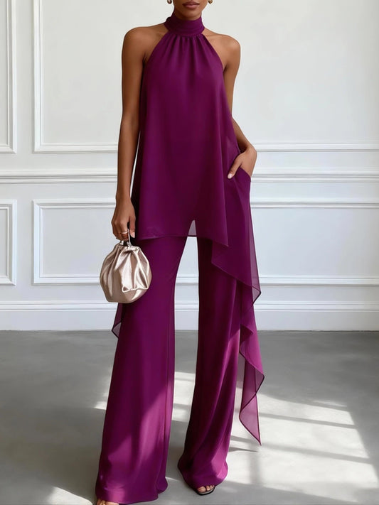 Conjunto Elegante Roxo com Blusa Frente Única e Calça Shai