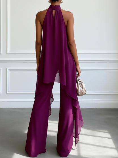 Conjunto Elegante Roxo com Blusa Frente Única e Calça Shai
