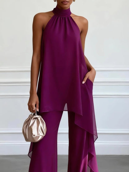 Conjunto Elegante Roxo com Blusa Frente Única e Calça Shai