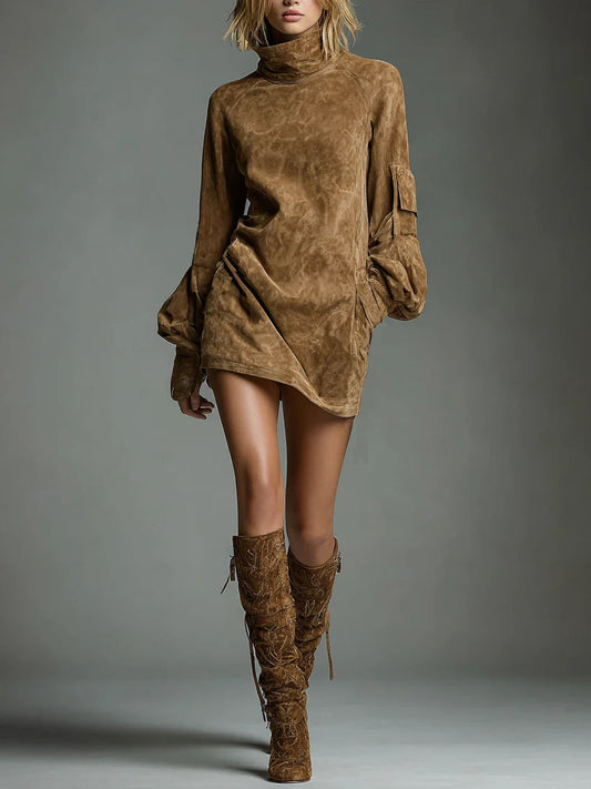 Vestido Curto de Suede com Gola Alta – Mandala