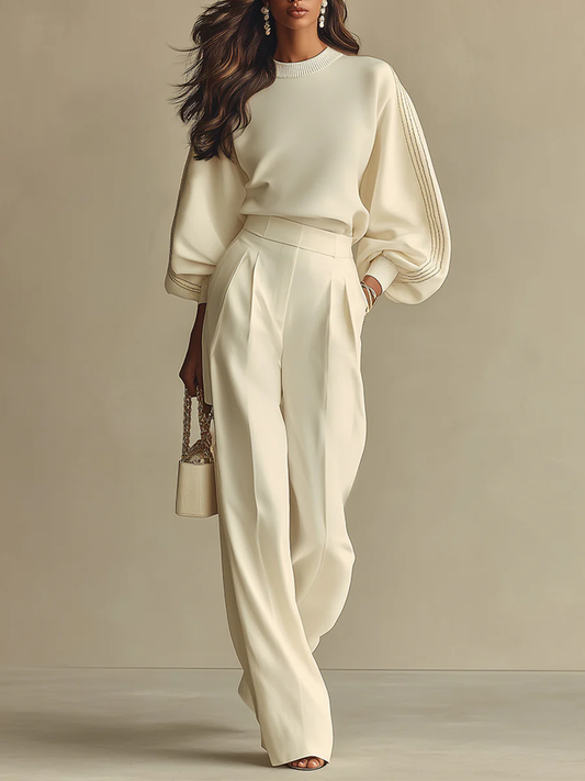 Conjunto Vaelune Tricot Off-White com Calça Wide Leg