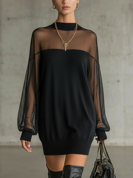 Vestido Nyxara – Preto com Manga em Tule e Gola Alta