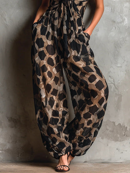 Macacão Pantalona Animal Print Preto em Chiffon