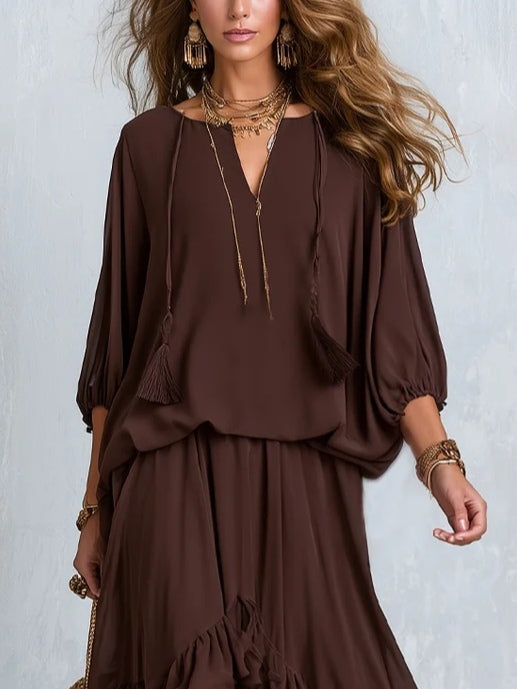 Conjunto Boho Marrom em Chiffon com Babados Giuli