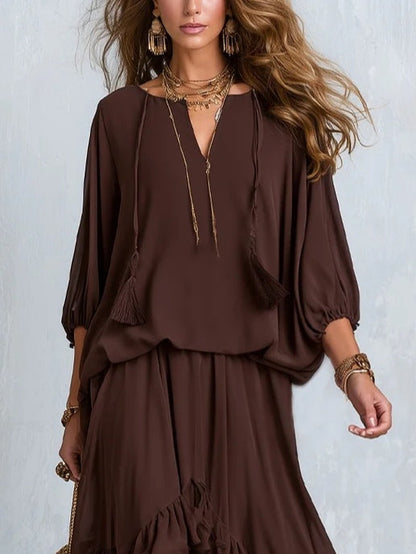 Conjunto Boho Marrom em Chiffon com Babados Giuli