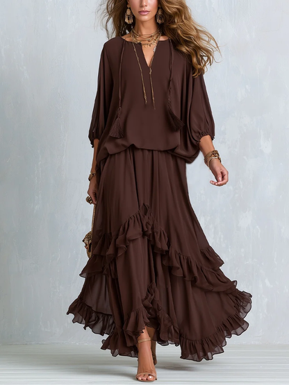 Conjunto Boho Marrom em Chiffon com Babados Giuli