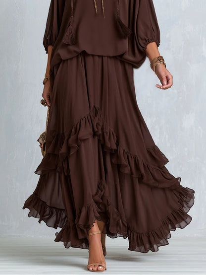 Conjunto Boho Marrom em Chiffon com Babados Giuli