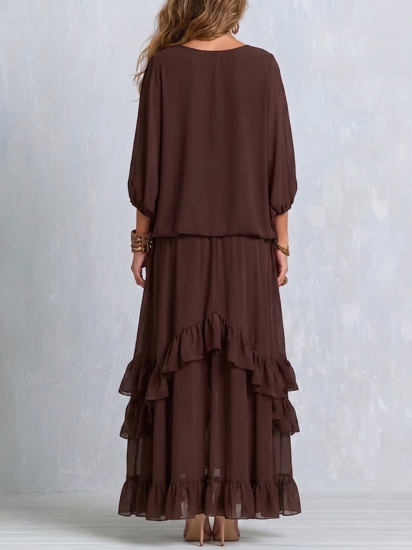Conjunto Boho Marrom em Chiffon com Babados Giuli