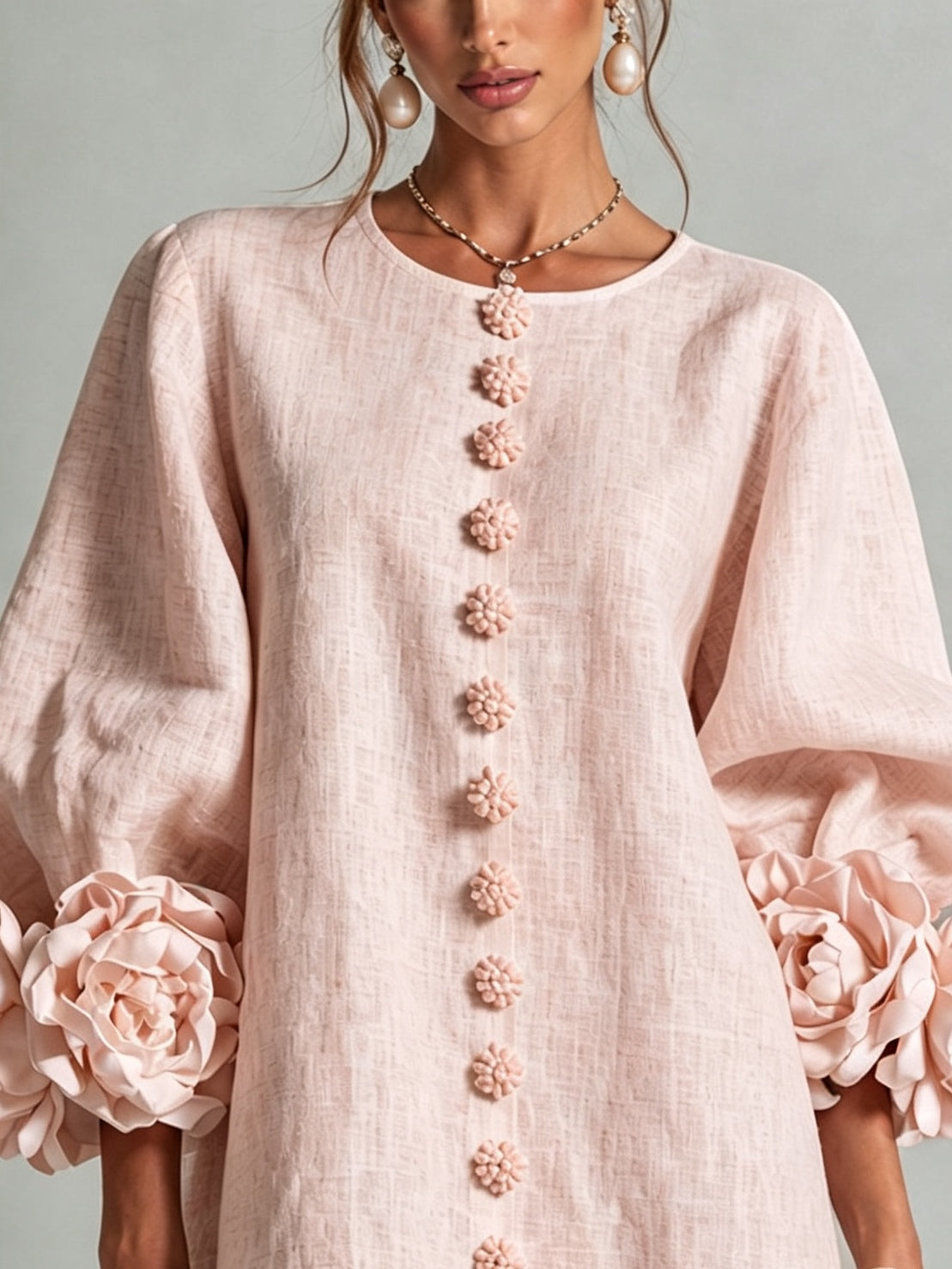 Vestido Helena Floral Rosa com Mangas Marcantes