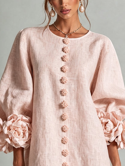 Vestido Helena Floral Rosa com Mangas Marcantes