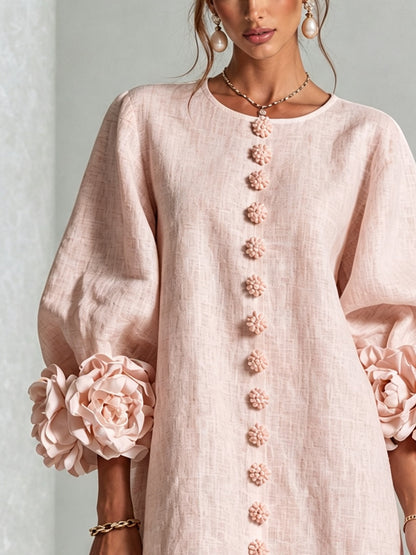Vestido Helena Floral Rosa com Mangas Marcantes