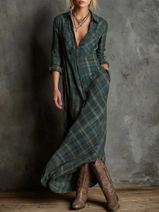 Vestido Althira Camiseiro Maxi Xadrez Verde