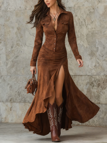 Vestido Longo Retrô Marrom com Babados Assimétricos e Gola Lapela