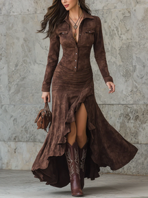 Vestido Longo Retrô Marrom com Babados Assimétricos e Gola Lapela
