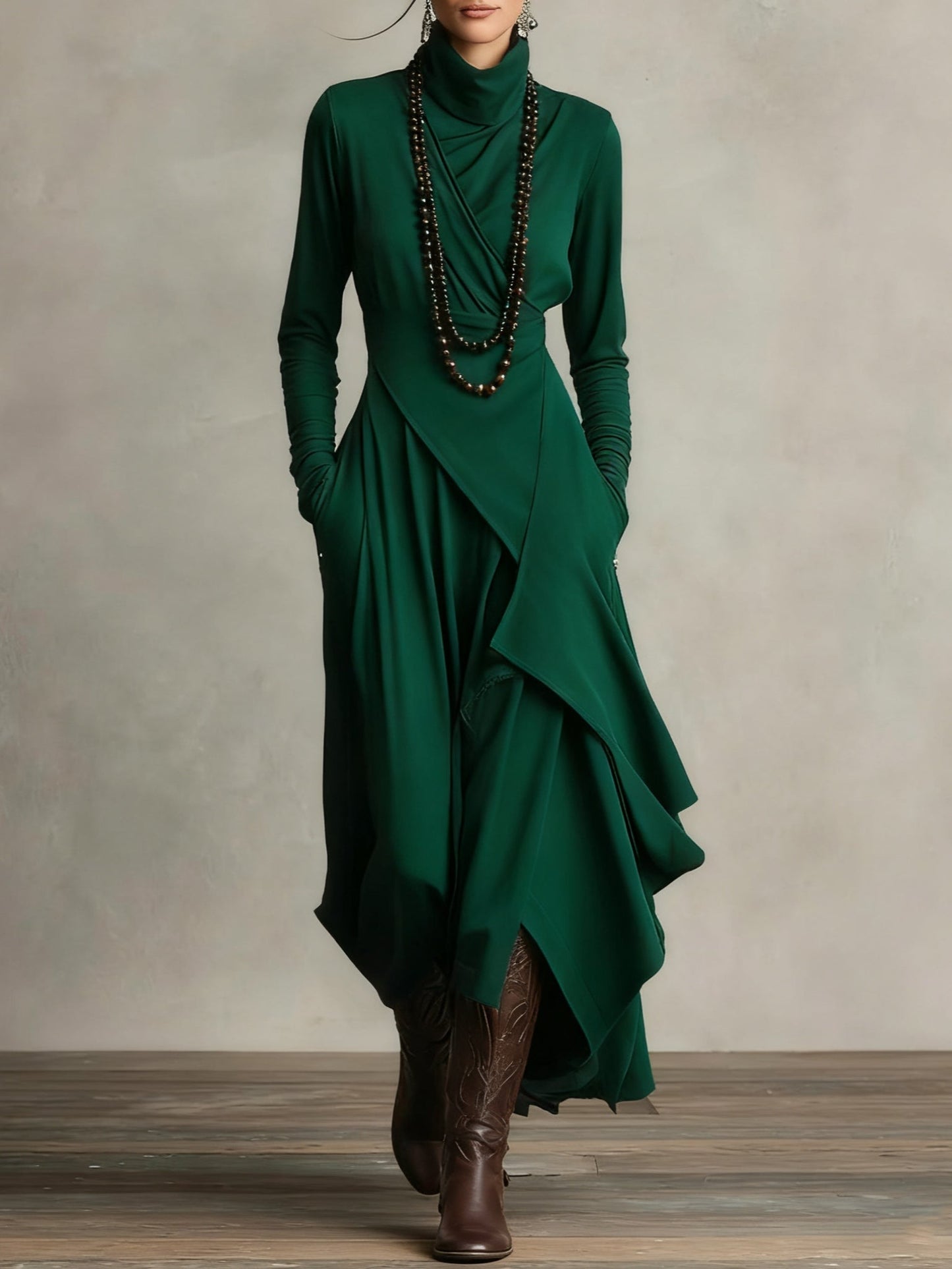 Vestido Longo Roxo Gola Alta Assimétrico com Plissado – Modelagem Solta em Rayon