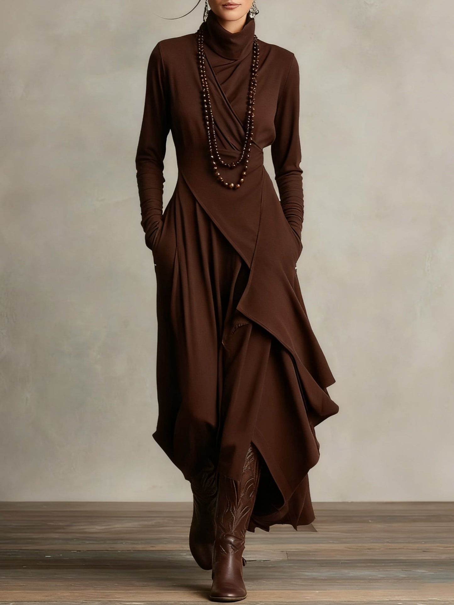 Vestido Longo Roxo Gola Alta Assimétrico com Plissado – Modelagem Solta em Rayon