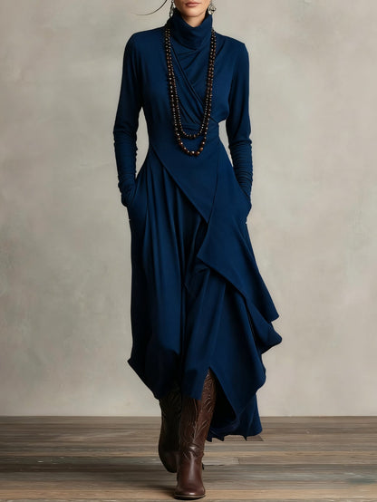 Vestido Longo Roxo Gola Alta Assimétrico com Plissado – Modelagem Solta em Rayon