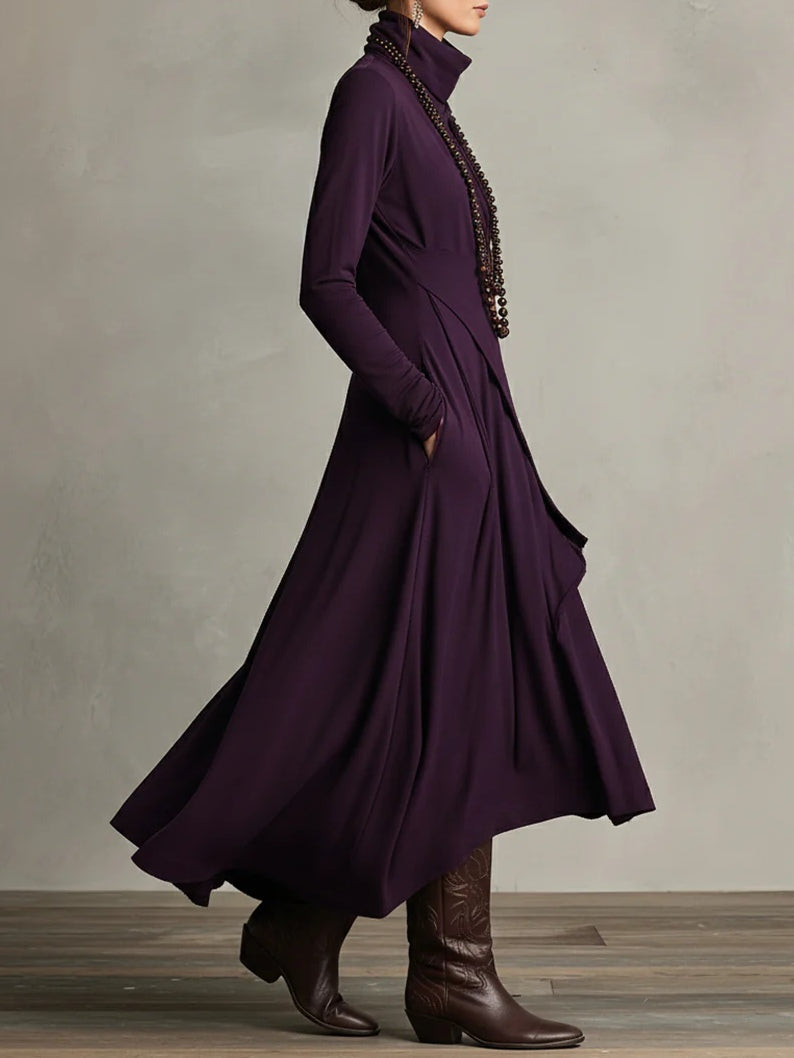 Vestido Longo Roxo Gola Alta Assimétrico com Plissado – Modelagem Solta em Rayon