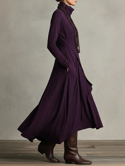 Vestido Longo Roxo Gola Alta Assimétrico com Plissado – Modelagem Solta em Rayon