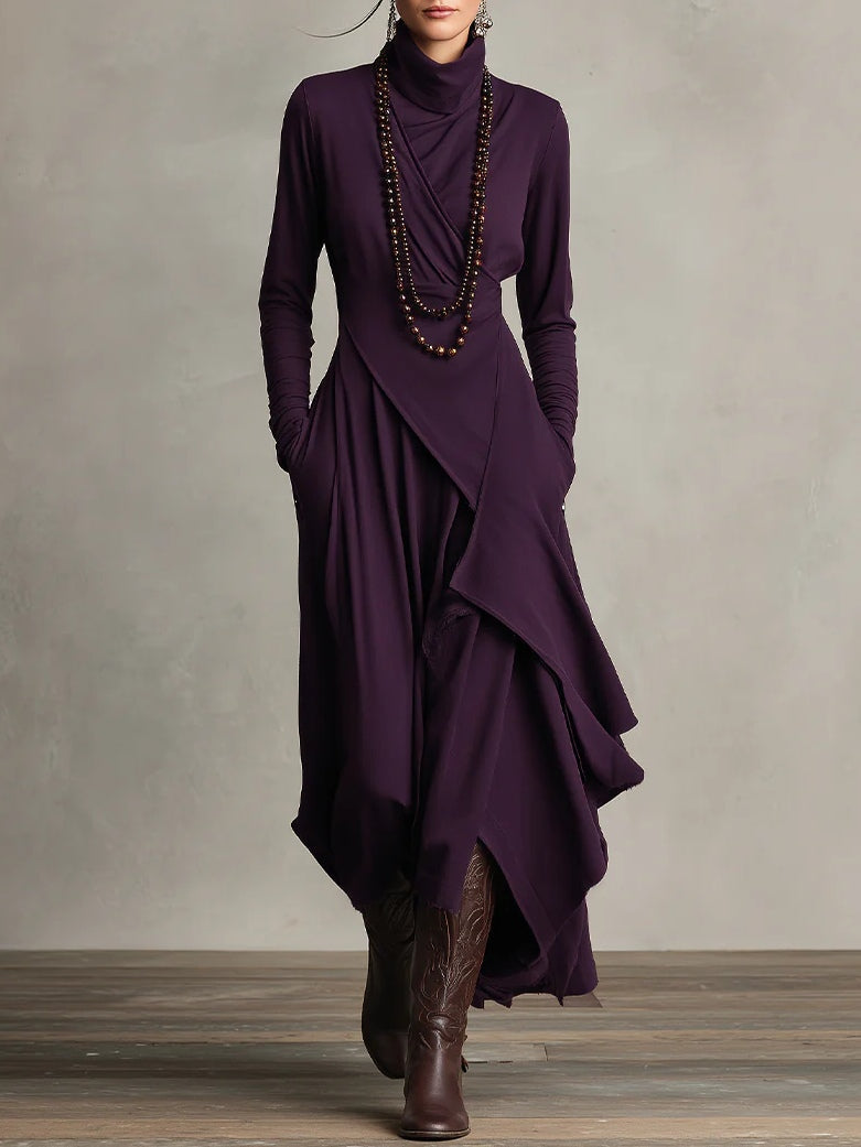 Vestido Longo Roxo Gola Alta Assimétrico com Plissado – Modelagem Solta em Rayon