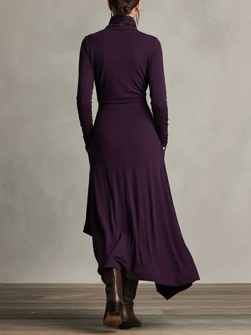 Vestido Longo Roxo Gola Alta Assimétrico com Plissado – Modelagem Solta em Rayon