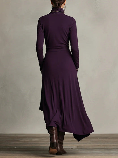 Vestido Longo Roxo Gola Alta Assimétrico com Plissado – Modelagem Solta em Rayon