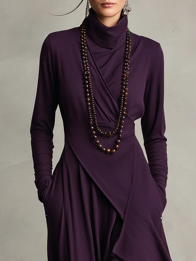 Vestido Longo Roxo Gola Alta Assimétrico com Plissado – Modelagem Solta em Rayon