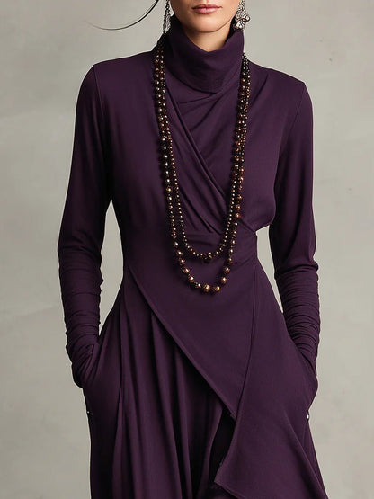 Vestido Longo Roxo Gola Alta Assimétrico com Plissado – Modelagem Solta em Rayon