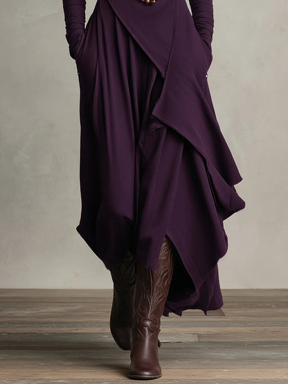 Vestido Longo Roxo Gola Alta Assimétrico com Plissado – Modelagem Solta em Rayon