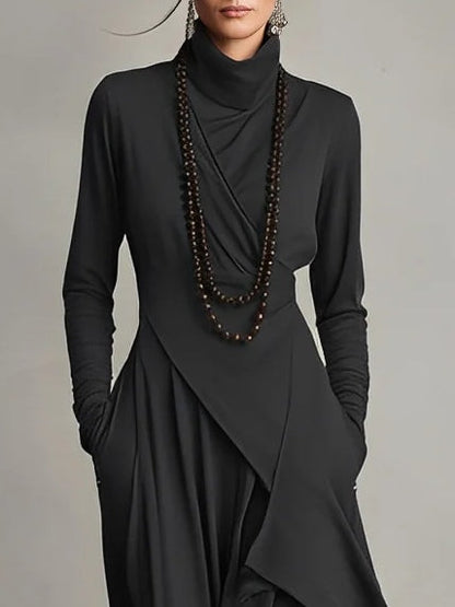 Vestido Longo Roxo Gola Alta Assimétrico com Plissado – Modelagem Solta em Rayon