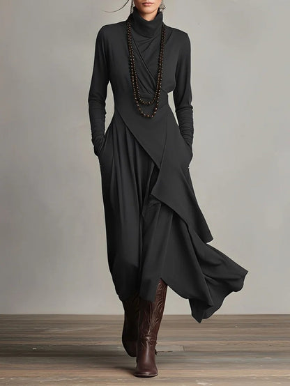 Vestido Longo Roxo Gola Alta Assimétrico com Plissado – Modelagem Solta em Rayon