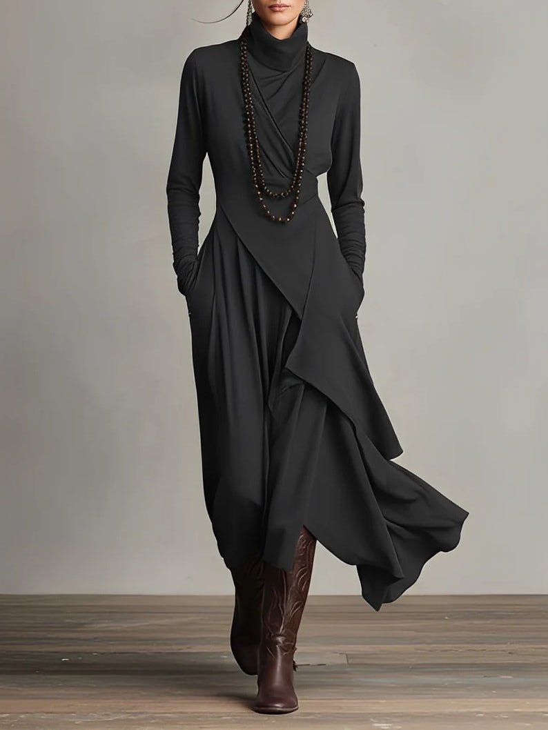 Vestido Longo Roxo Gola Alta Assimétrico com Plissado – Modelagem Solta em Rayon