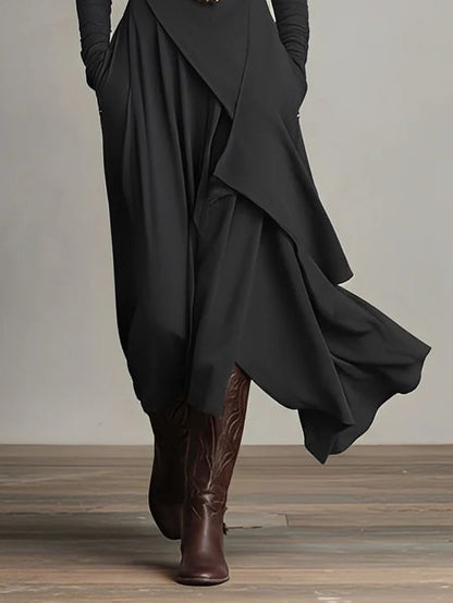 Vestido Longo Roxo Gola Alta Assimétrico com Plissado – Modelagem Solta em Rayon