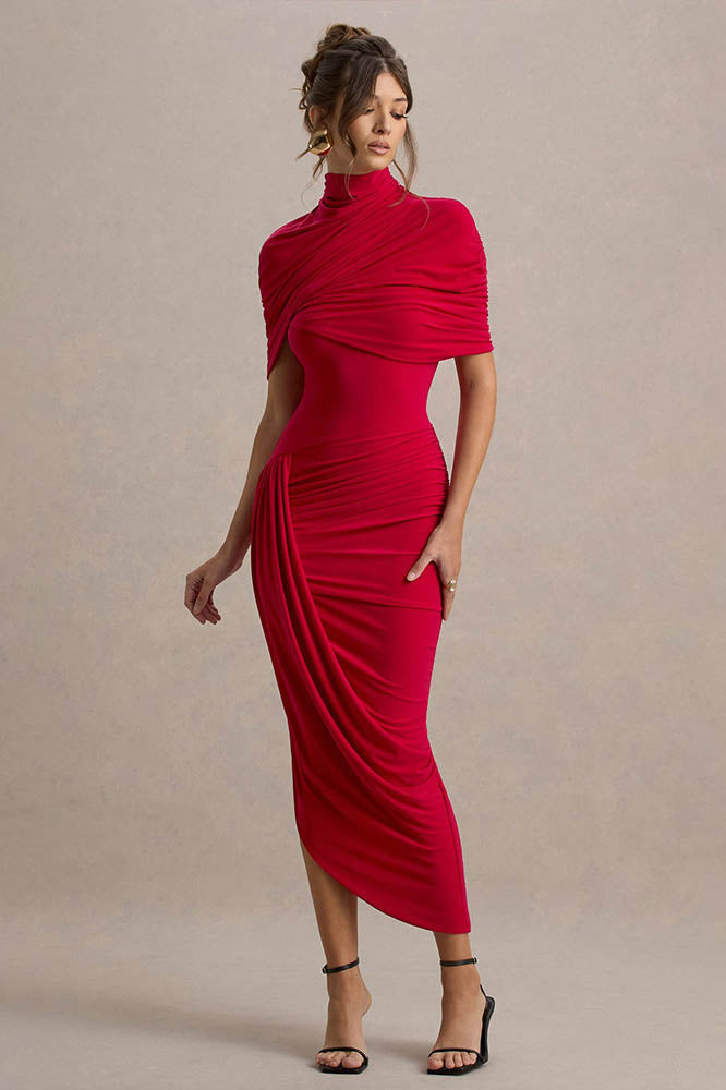Vestido Midi Cinturado com Detalhe de Drapeado e Costas Nuas