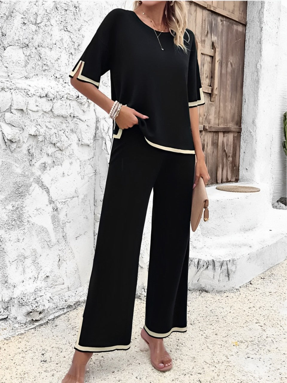 Conjunto Feminino Mirtes – Blusa Mullet em Viscose e Calça Cintura Alta com Fenda