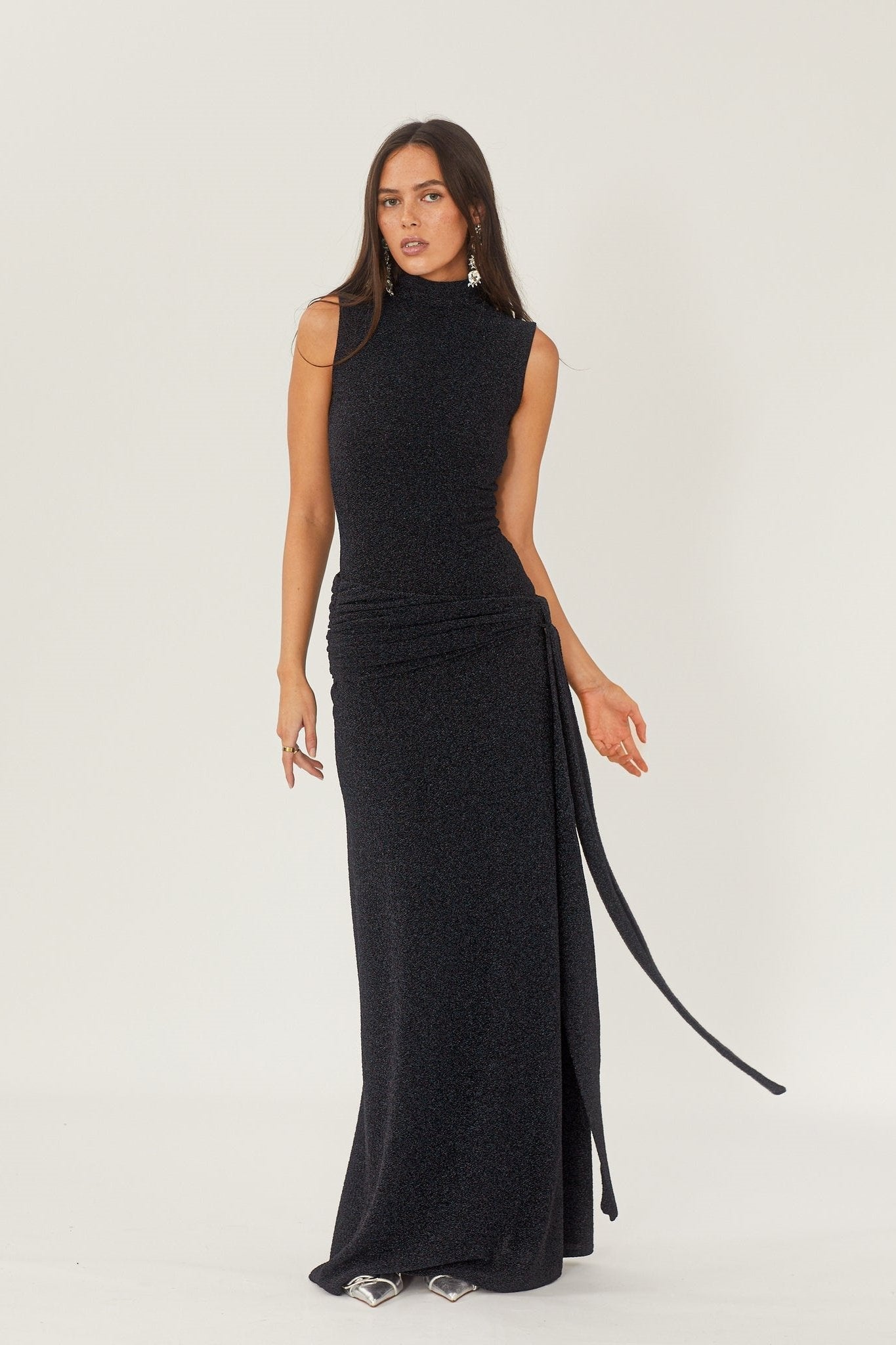 Vestido Longo de Malha Metalizada com Alça - Mariza