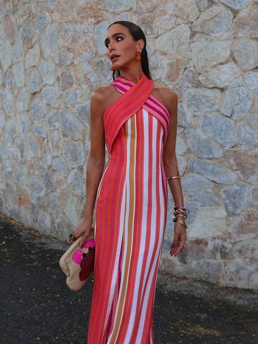 Vestido Sunset Samba com Alças Cruzadas e Listras