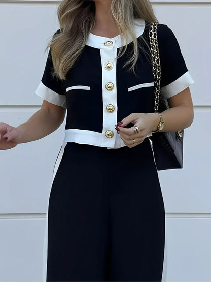 Conjunto Feminino Confortável Blusa Cropped com Botões e Calça de Cintura Alta - Victoria