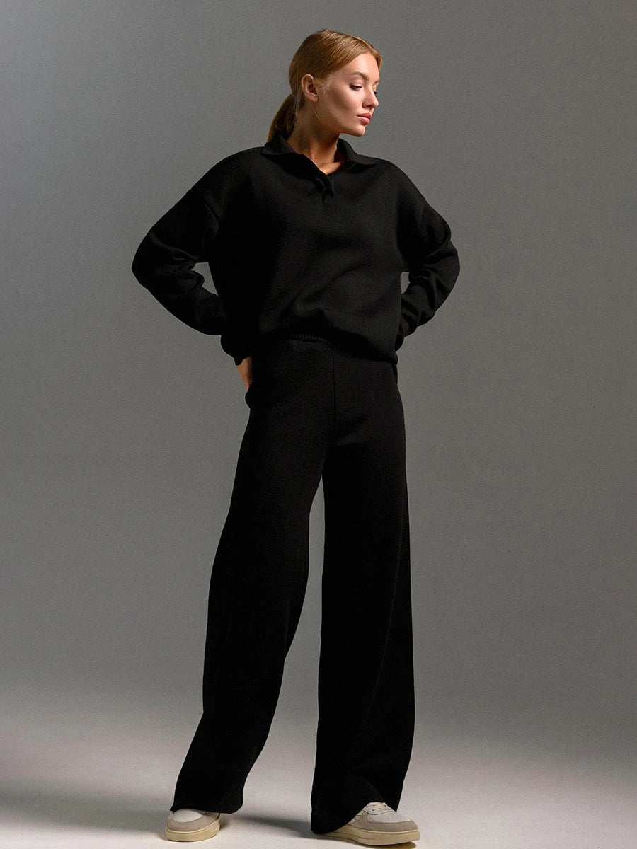 Conjunto Feminino com Suéter Gola Polo e Calça Flare com Elástico na Cintura - Isis