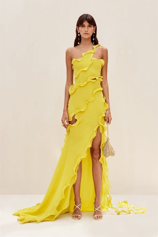 Vestido Longo Glória de Um Ombro Só com Babados em Chiffon