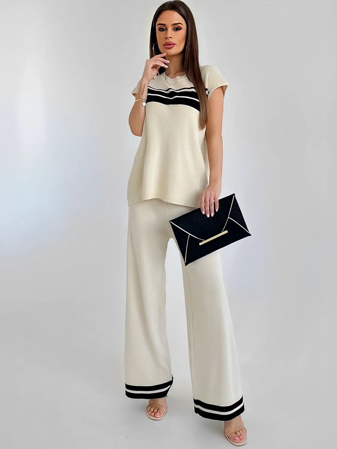 Conjunto Feminino de Viscose com Listras Blusa de Manga Curta e Calça com Cós Elástico - Emilia