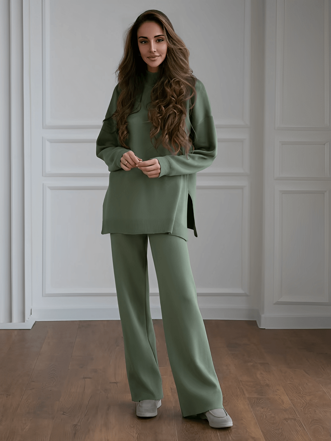 Conjunto Feminino com Suéter Mullet de Gola Alta e Calça Reta Cintura Alta - Manuela