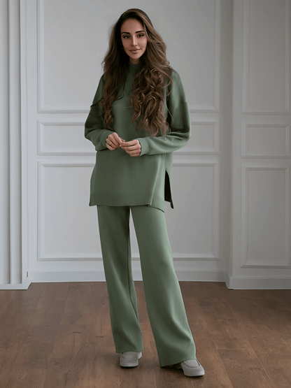 Conjunto Feminino com Suéter Mullet de Gola Alta e Calça Reta Cintura Alta - Manuela