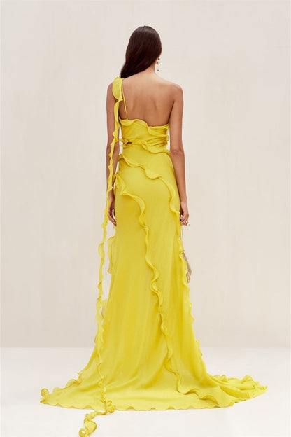 Vestido Longo Glória de Um Ombro Só com Babados em Chiffon
